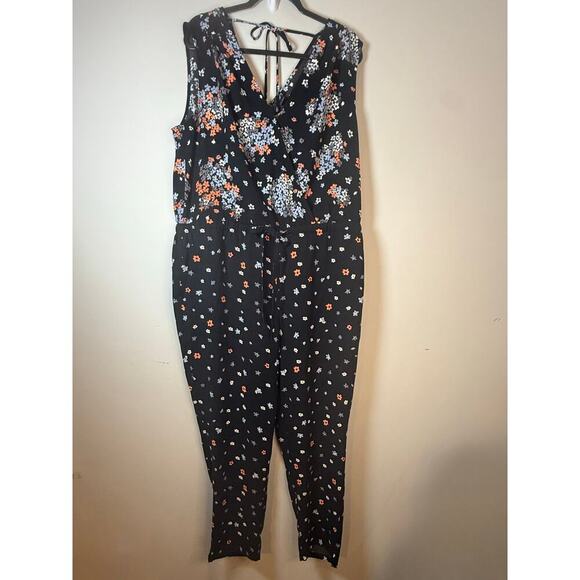 Ann Taylor LOFT Sleeveless Jumpsuit Black Floral Pockets Elastic Waist Size XL - Picture 2 of 9